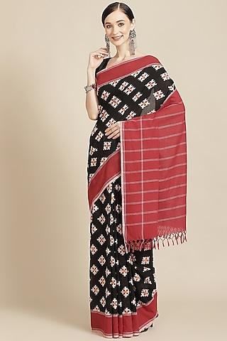 black & red pure cotton ikkat printed handloom saree