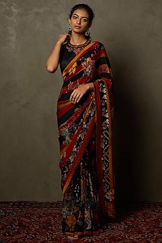 black & red silk floral embroidered saree set