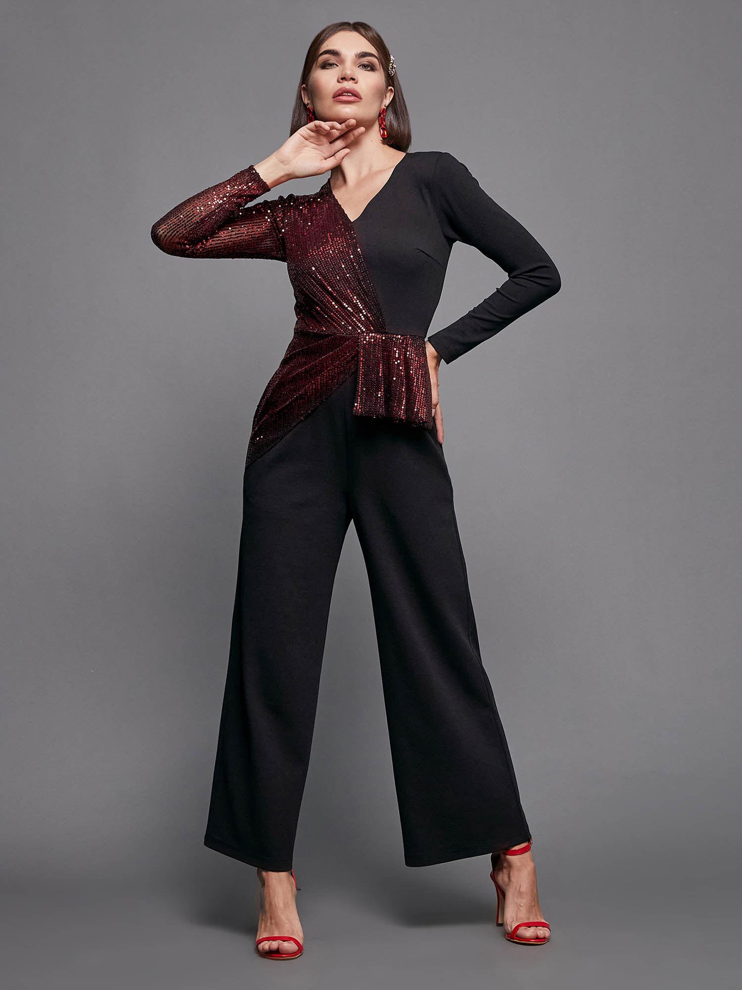 black & red v-neck full sleeve embellished asymmetric regular jumpsuit