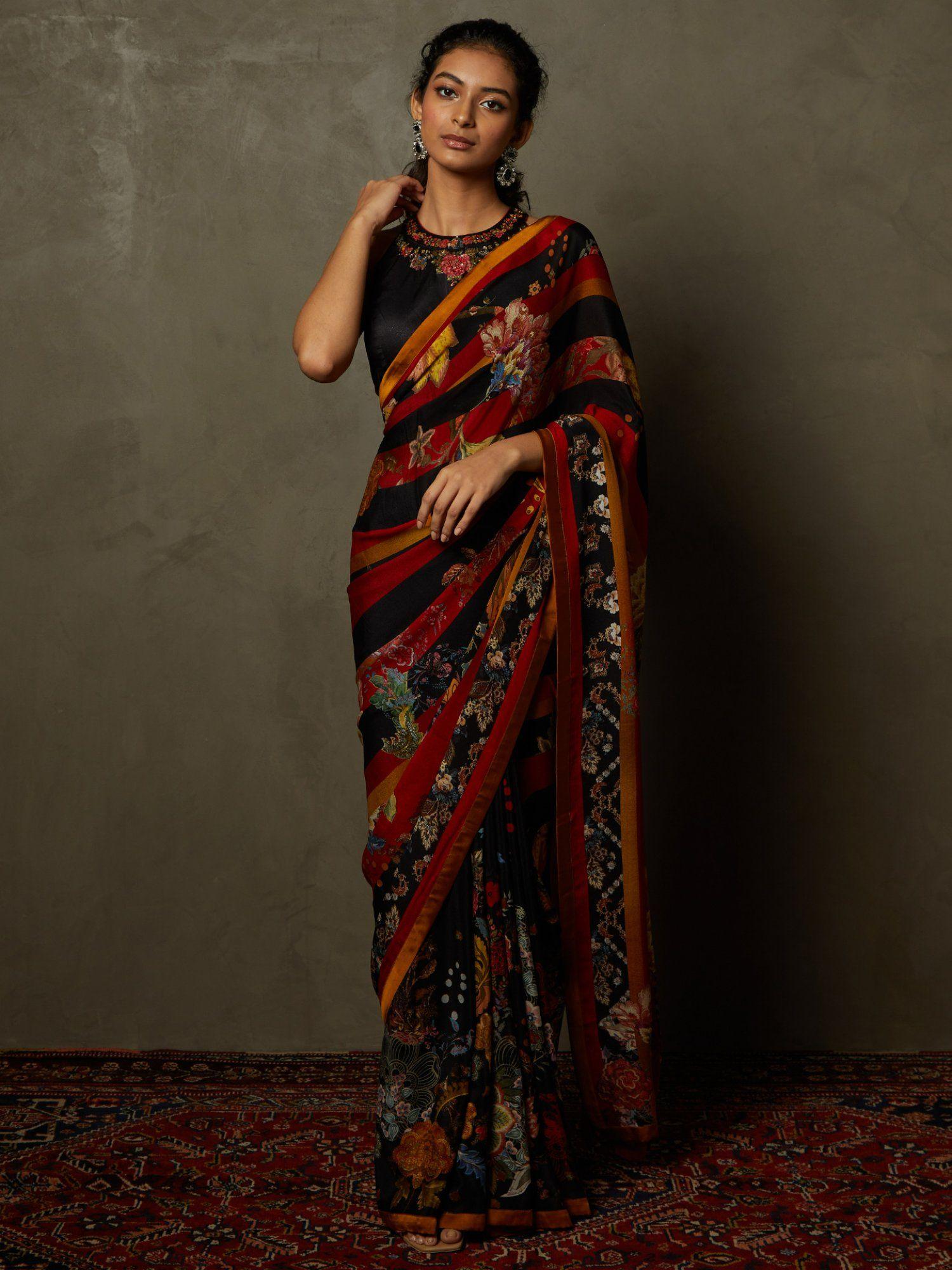black & red wild flower embroidered saree with stitched blouse