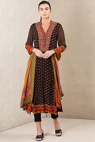 black & rust red printed straight kurta set