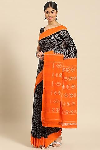 black & saffron pure cotton ikat handloom saree