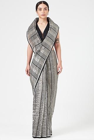 black & silver chanderi striped saree