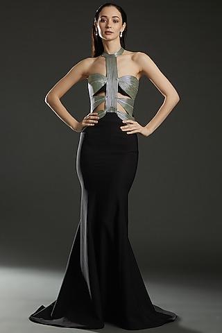 black & silver chiffon halter dress