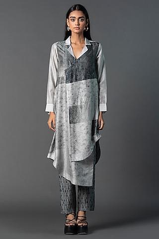 black & silver dupion silk asymmetric printed tunic set