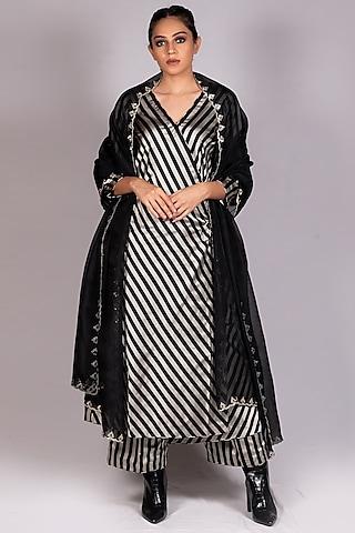 black & silver handwoven angrakha kurta set