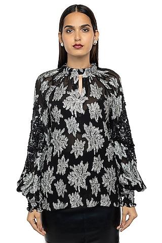 black & silver lurex blouson top