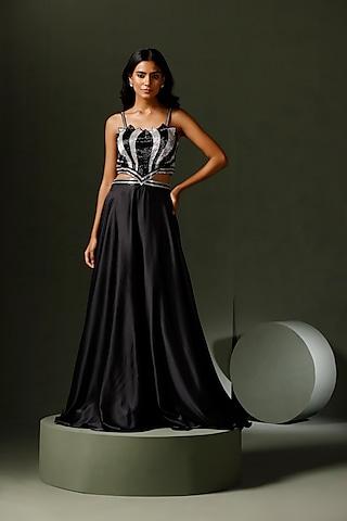 black & silver satin silk hand embroidered gown