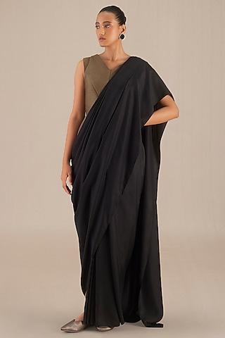 black & taupe silk pre-draped saree