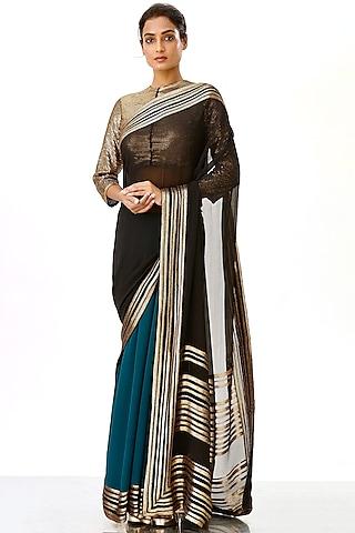 black & teal saree with sequins blouse