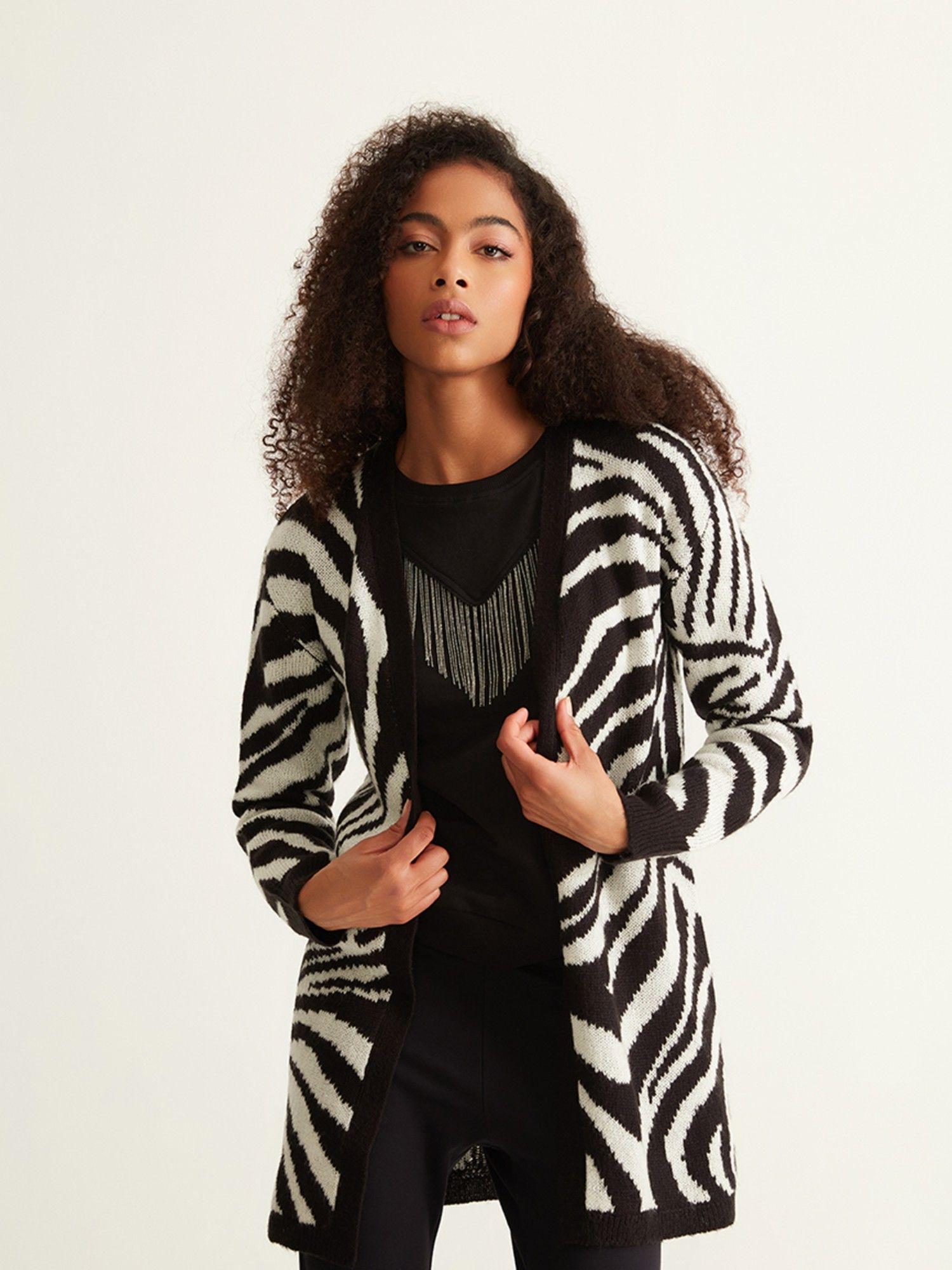 black & white animal print open long cardigan