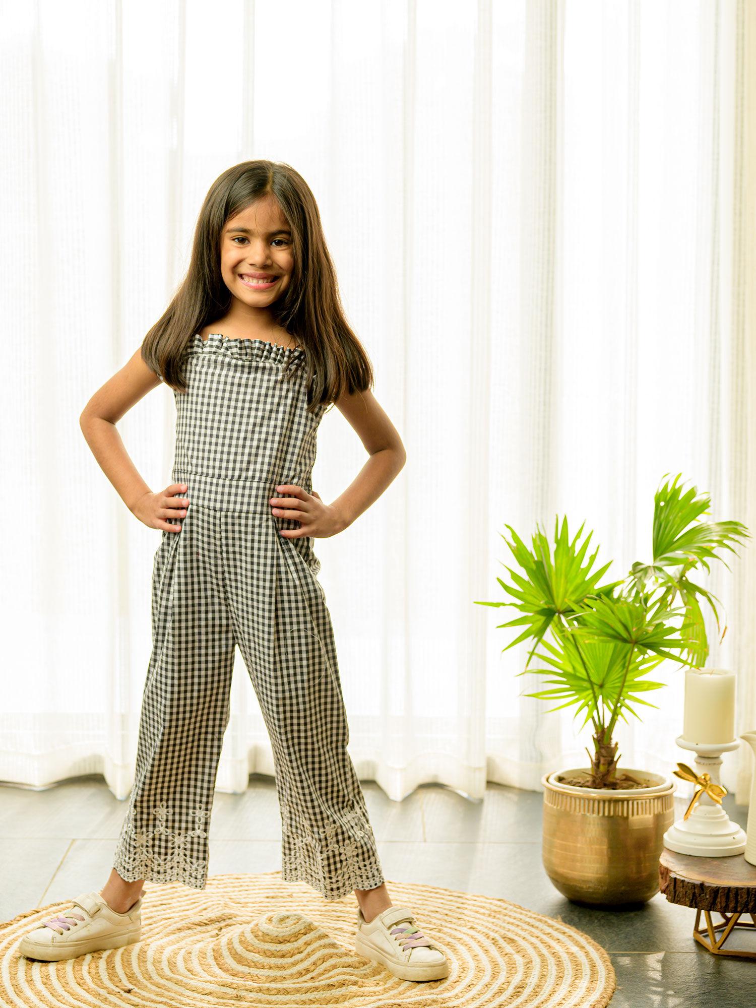 black & white check jumpsuit with embroidery