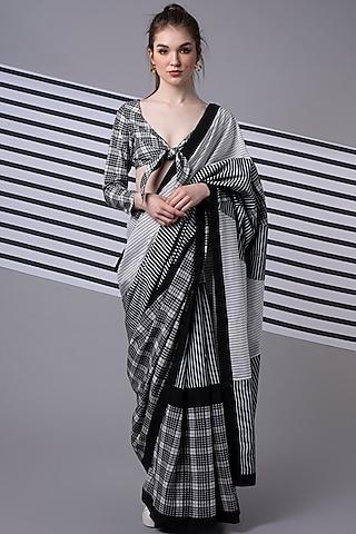 black & white checked & striped saree set