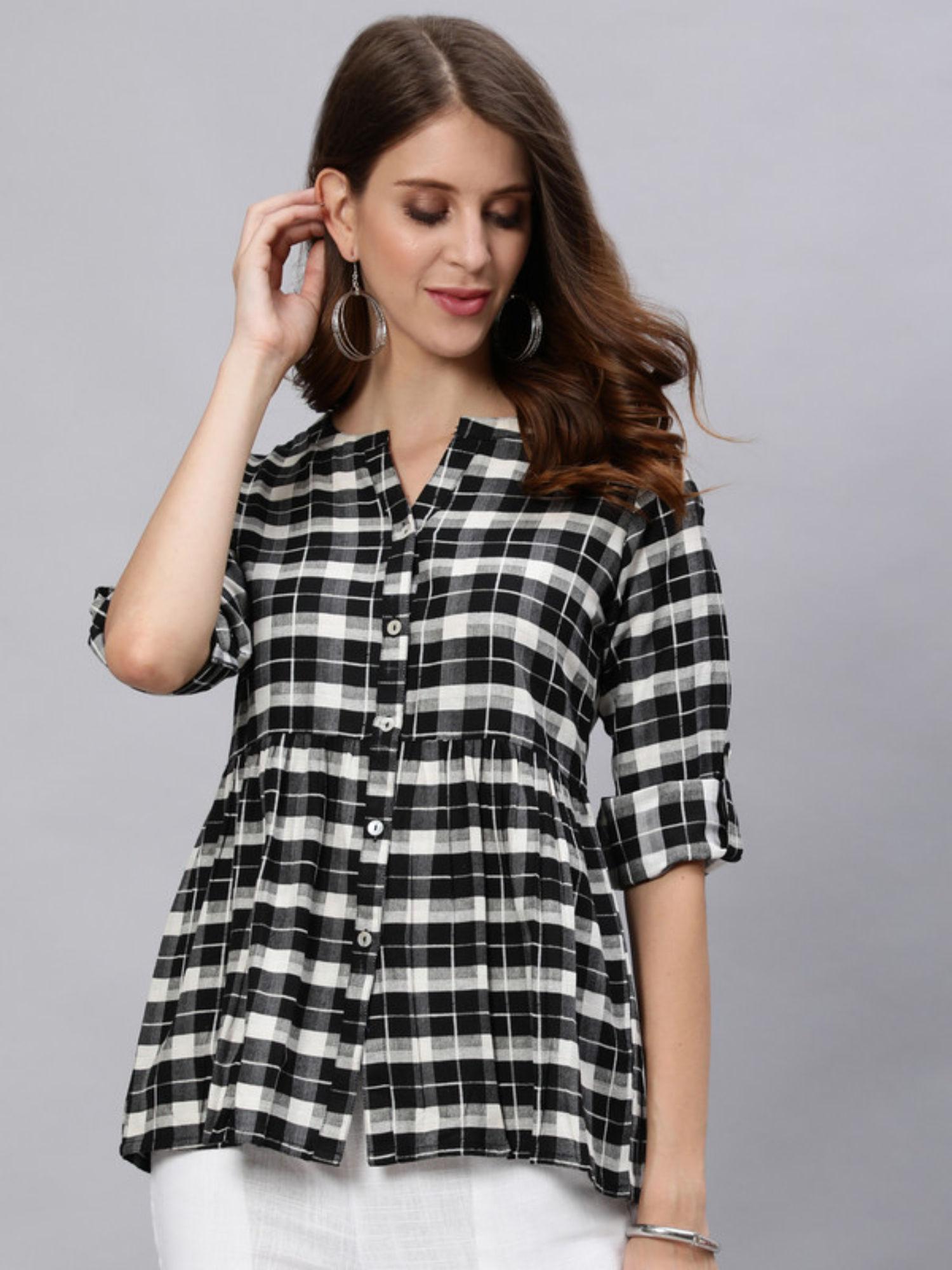 black & white checks cotton gathered shirt tunic