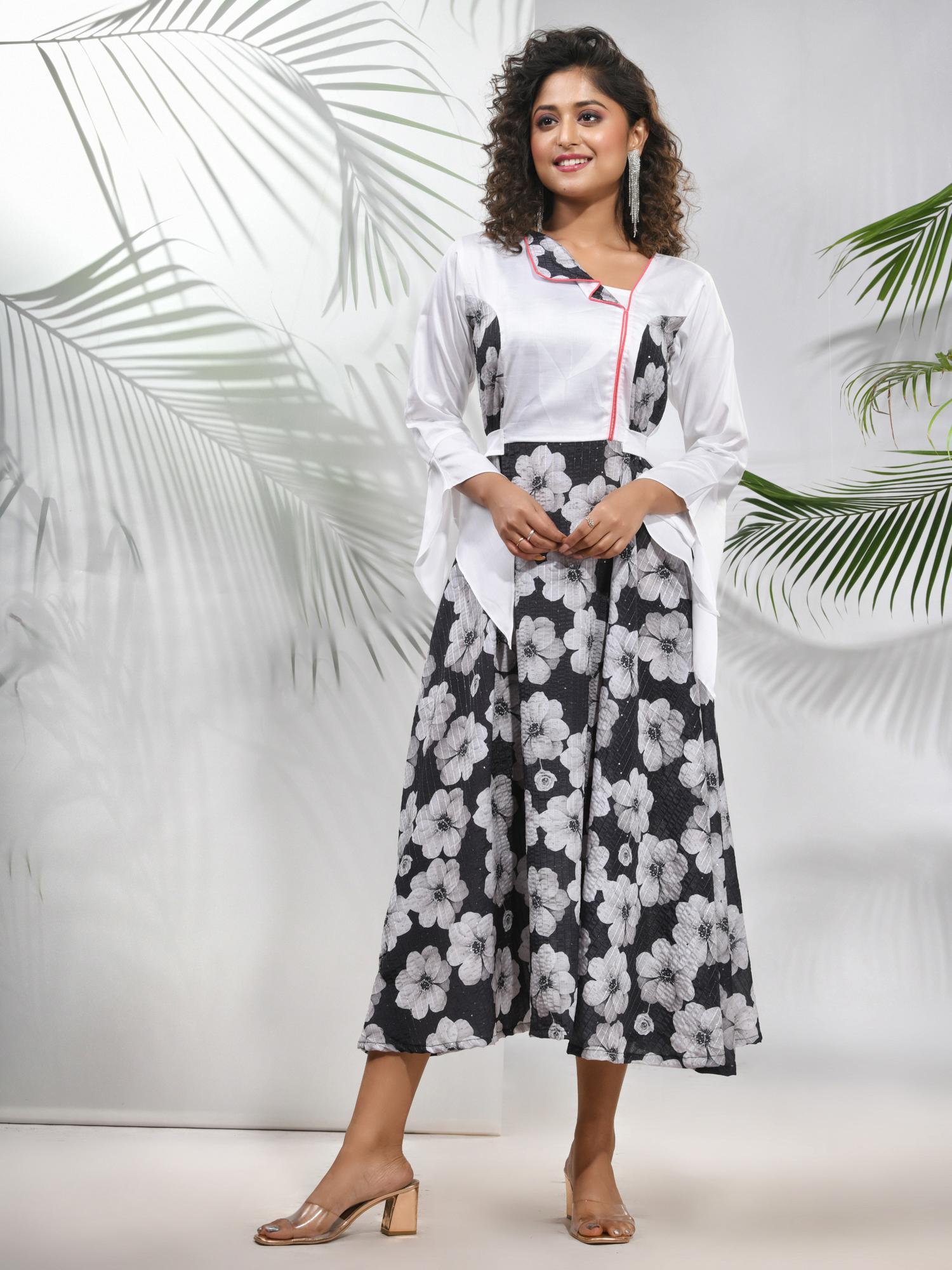 black & white chinon ethnic dress with floral print