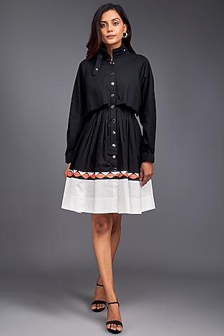 black & white cotton color-block ruffled mini dress