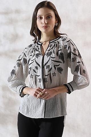 black & white crepe embroidered top