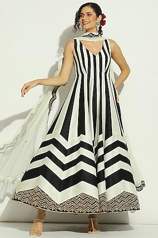 black & white dupion silk chevron printed anarkali set