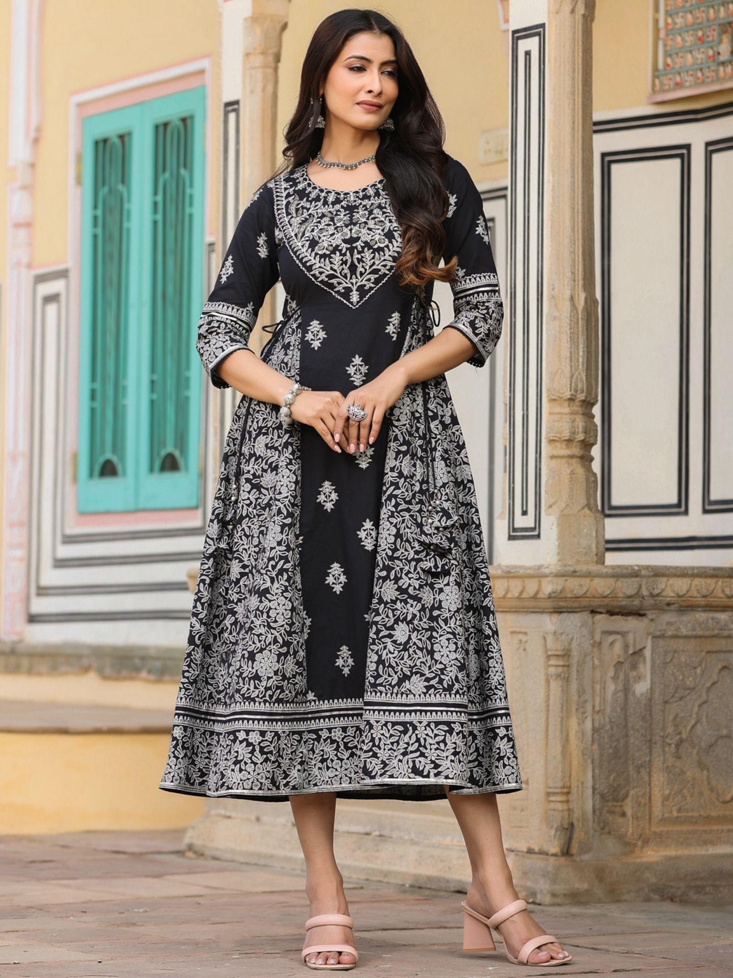 black & white ethnic motif printed pure cotton flared maxi dress with beads & sequins
