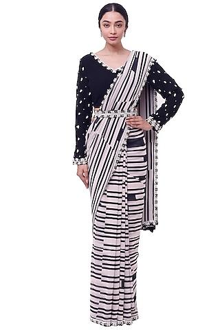 black & white georgette striped saree set