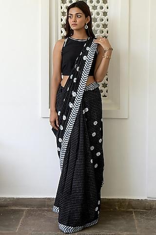 black & white hand block printed saree set