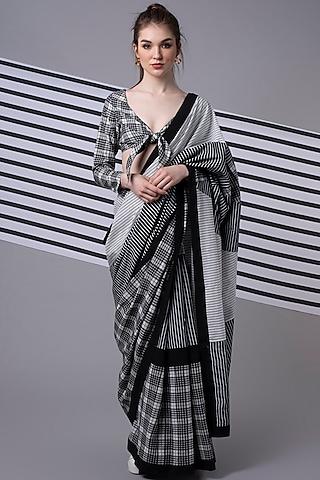 black & white handloom cotton stripe printed saree set