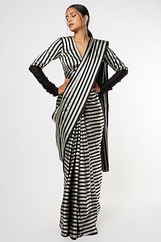 black & white handwoven satin silk striped saree