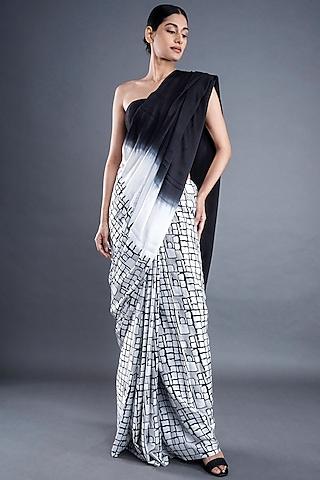 black & white modal satin printed draped saree