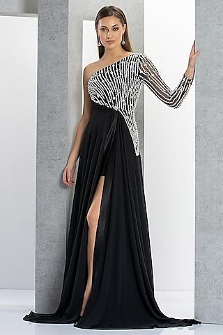 black & white net sequin hand embroidered one-shoulder gown