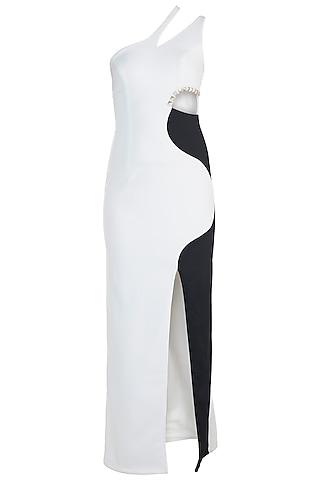 black & white one shoulder gown