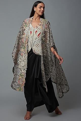 black & white organza printed cape set