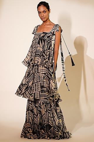 black & white organza printed maxi dress