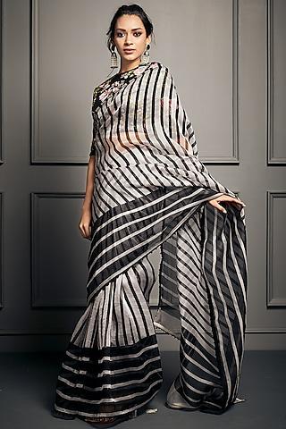 black & white organza striped saree set