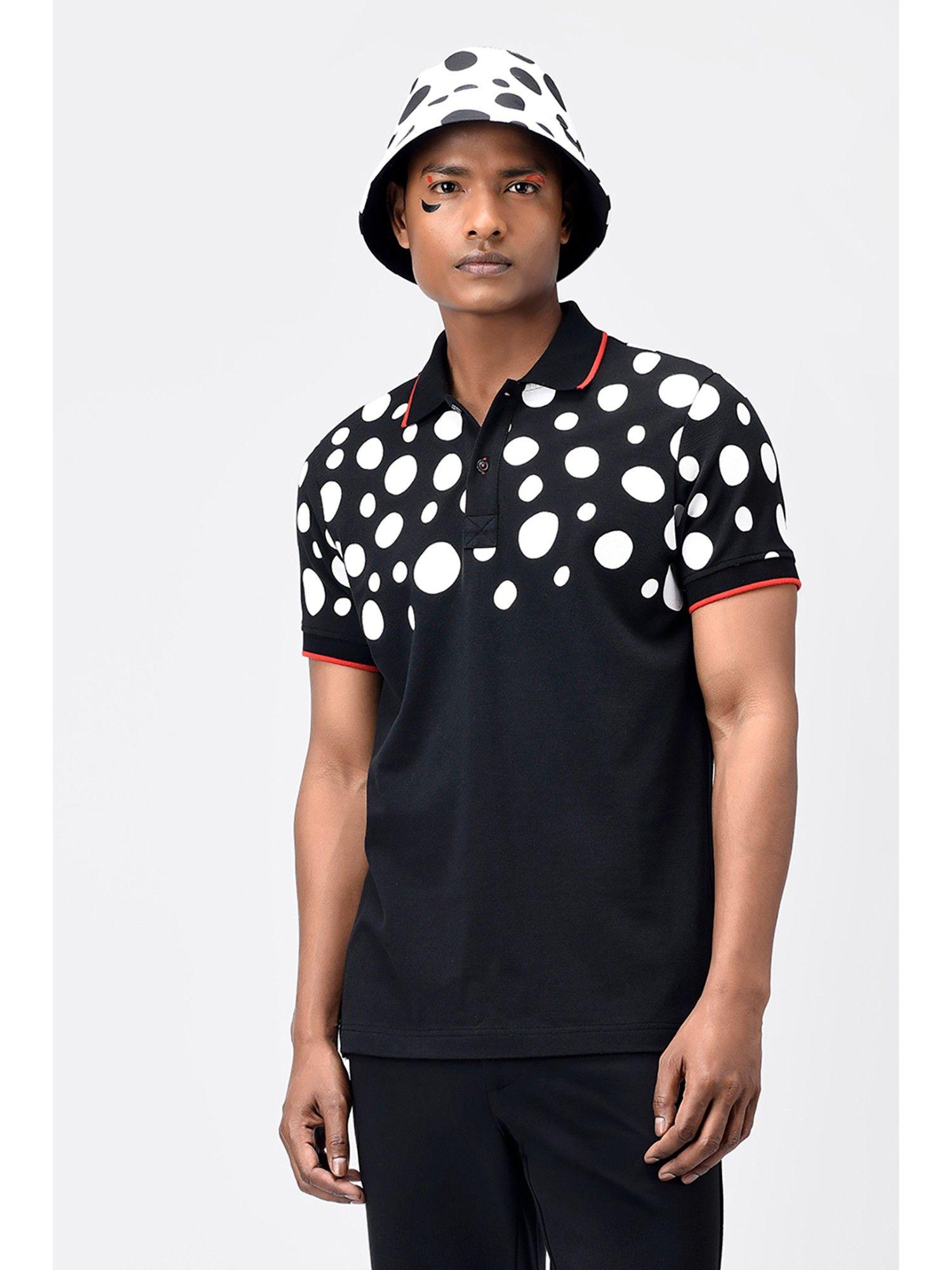 black & white polka dot printed mens polo t-shirt