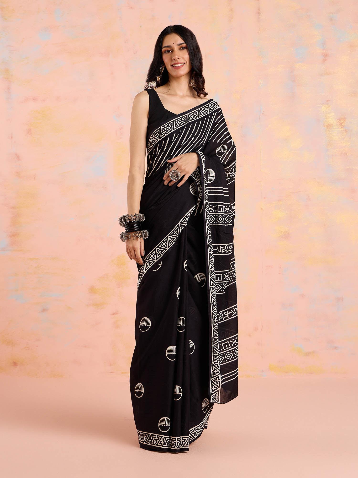 black & white printed cotton saree with unstitched blouse liksar147