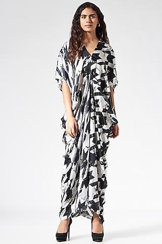 black & white printed draped dress