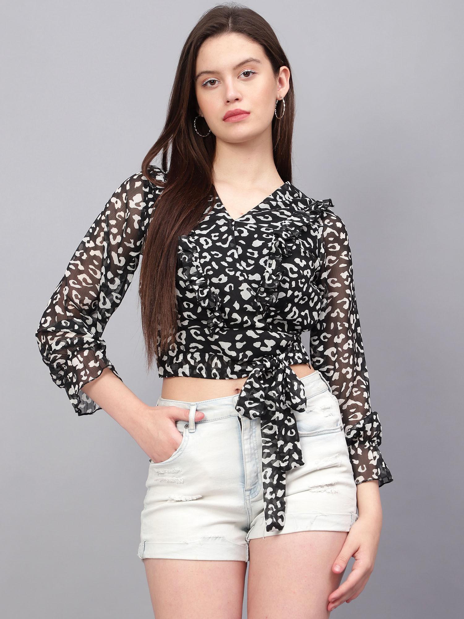 black & white printed v-neck ruffled crop top