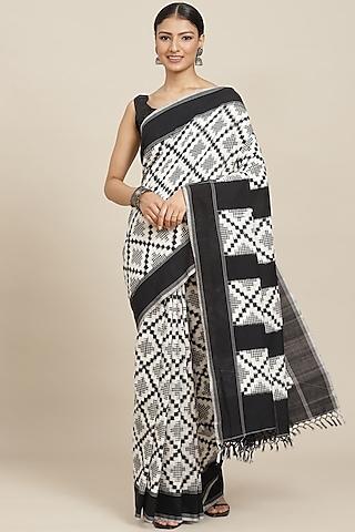 black & white pure cotton ikkat printed saree