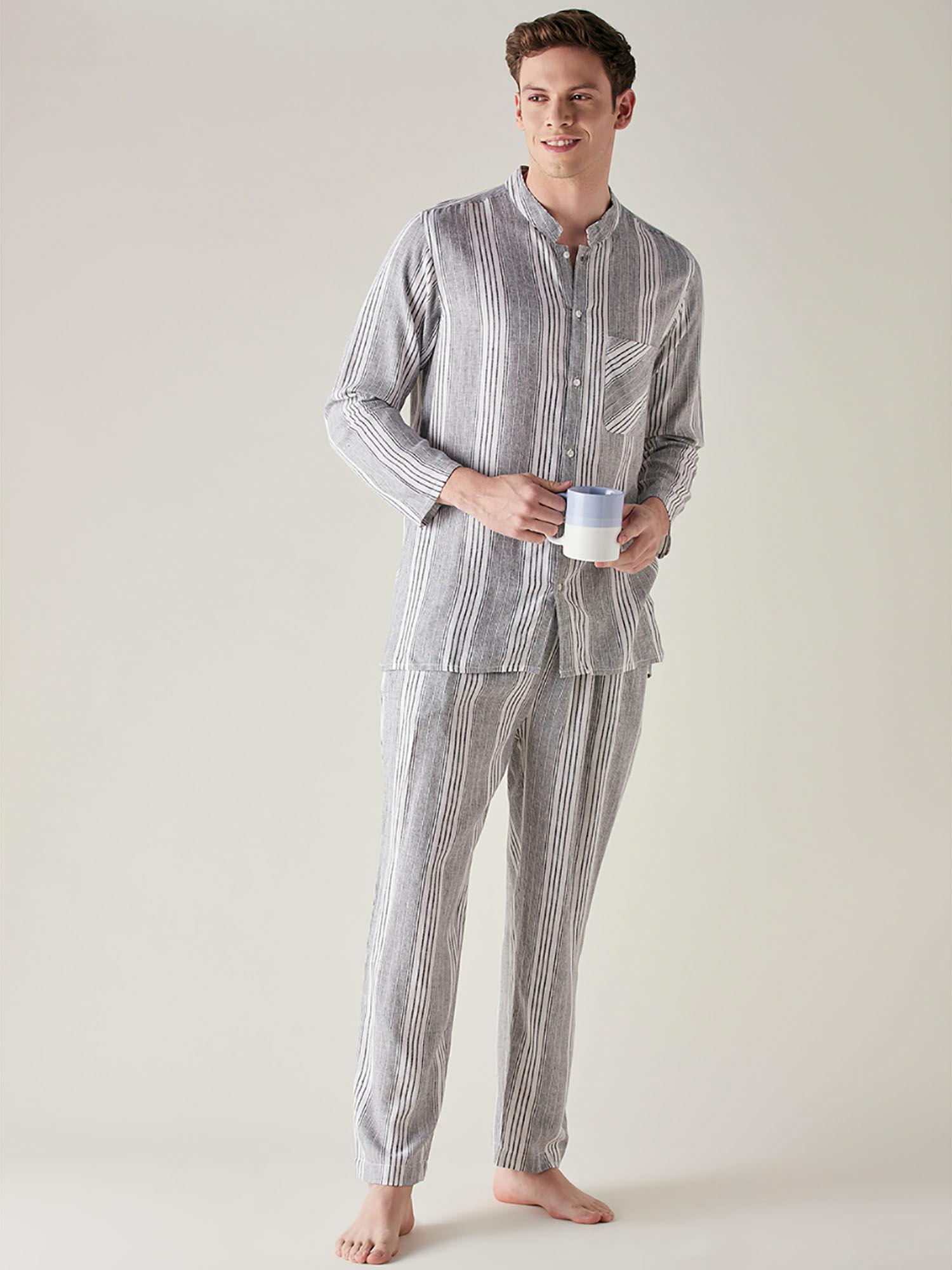 black & white pure cotton stripes pyjama white (set of 2)