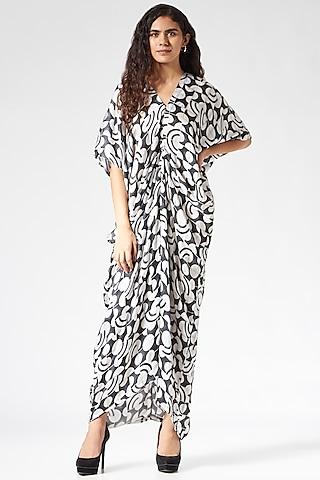 black & white satin printed draped dress