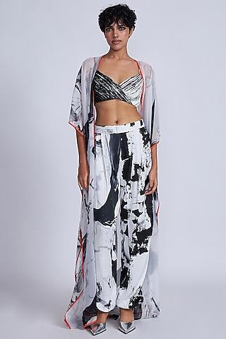 black & white satin twill organza printed cape set