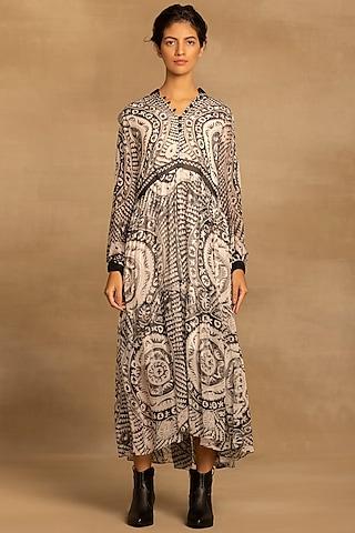 black & white viscose georgette placement printed maxi dress