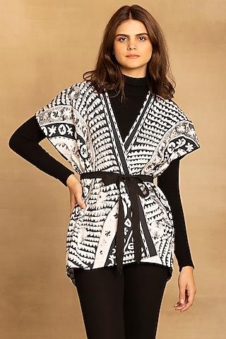 black & white viscose georgette printed kimono top with belt