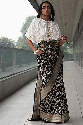 black & white zari embroidered saree set