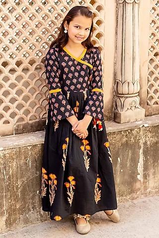 black & yellow cotton hand block printed angrakha dress for girls