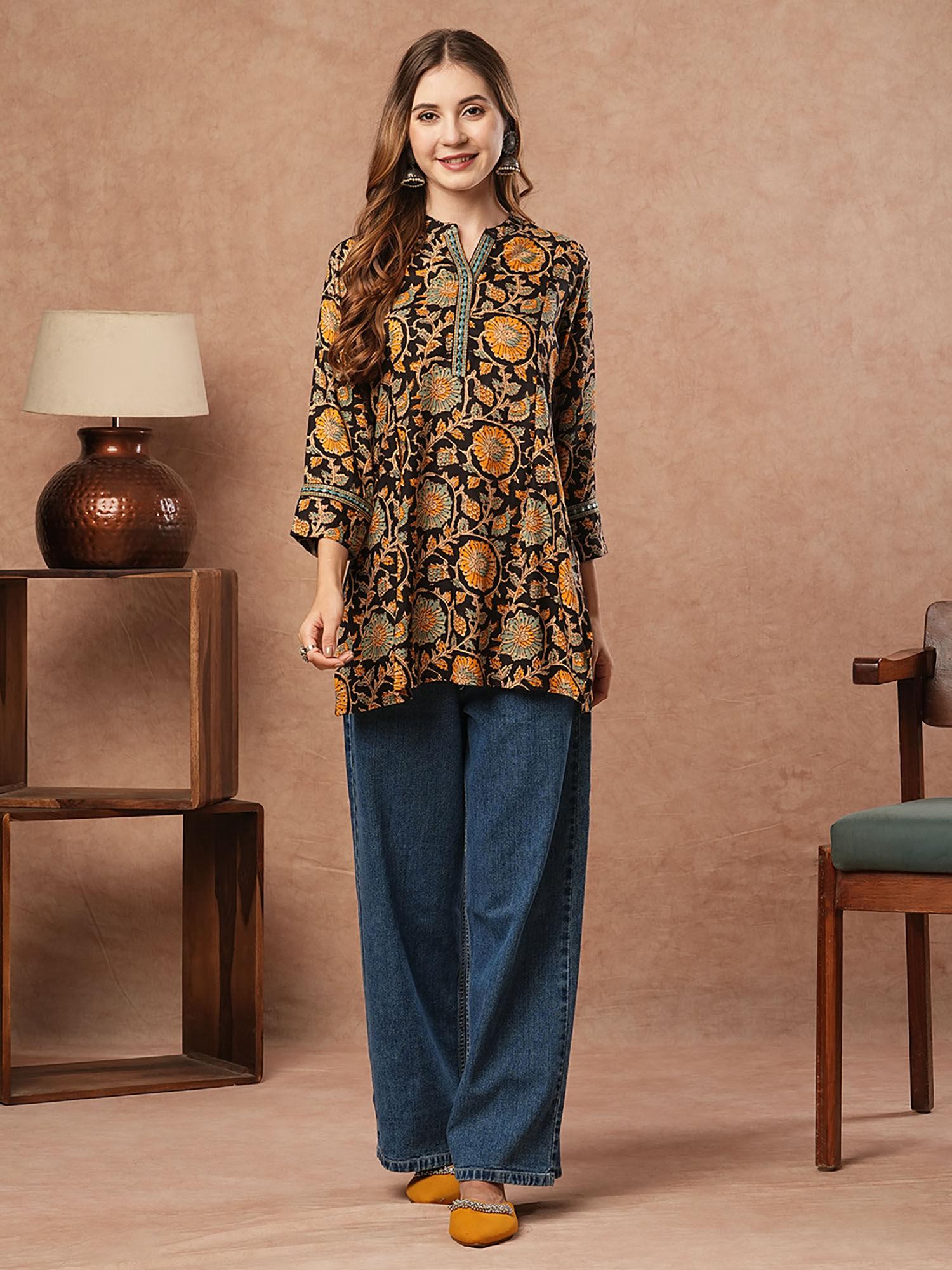 black & yellow floral printed & mirror embroidered kurti