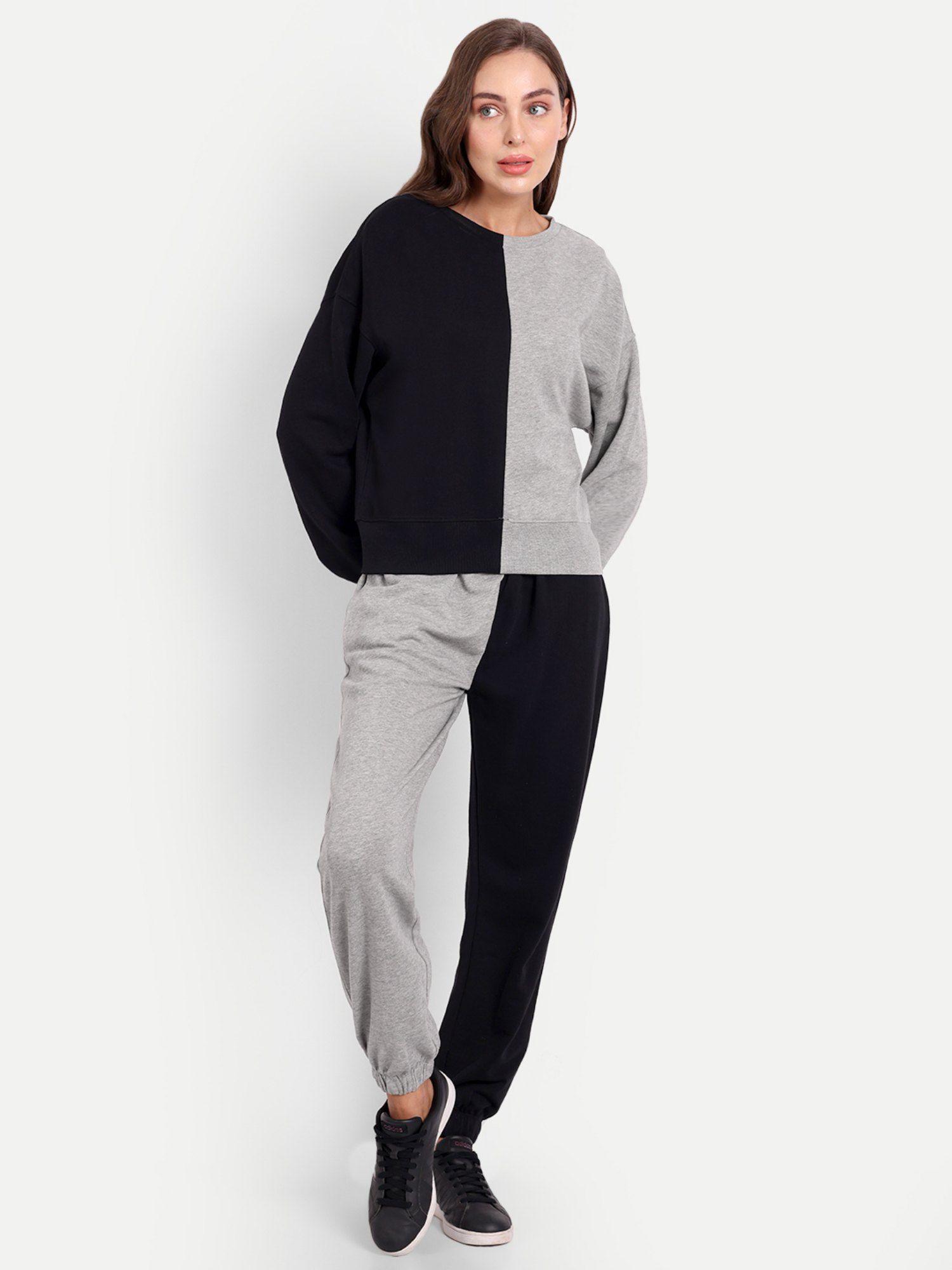 black- grey round neck sweatshirt colour blocked jogger (set of 2)