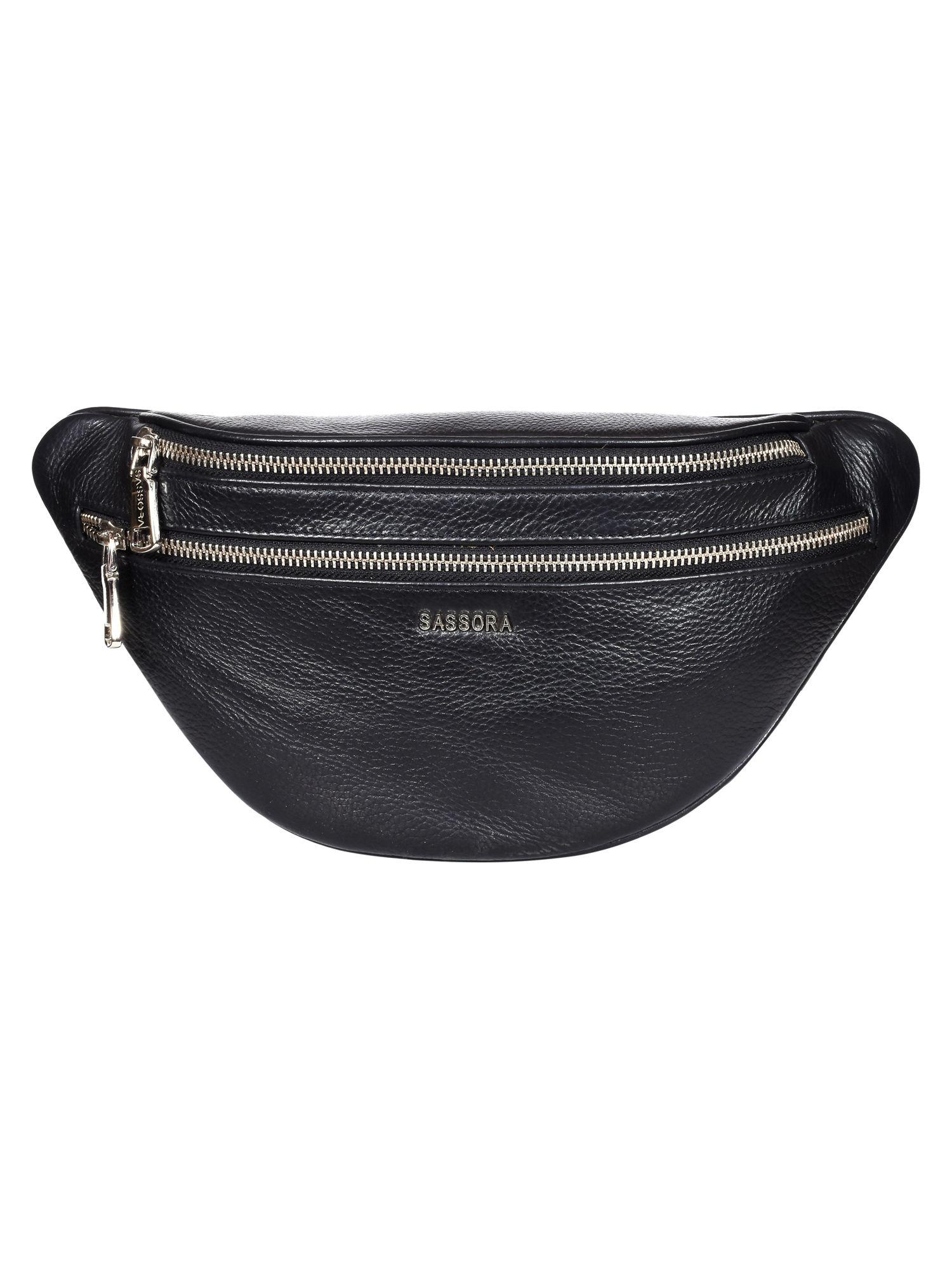 black 100% premium leather women fanny pack (m)