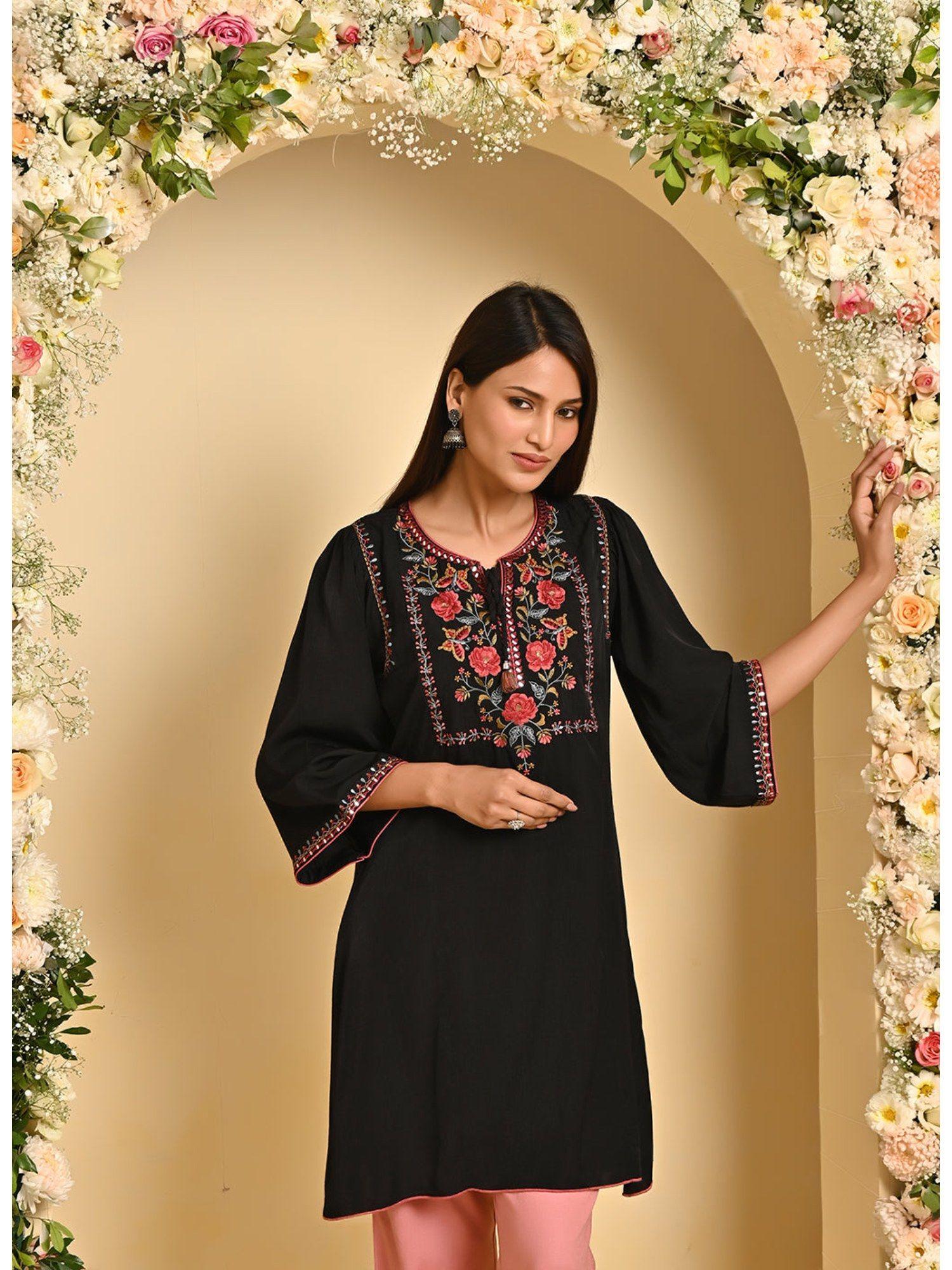 black a line kurti with floral embroidery