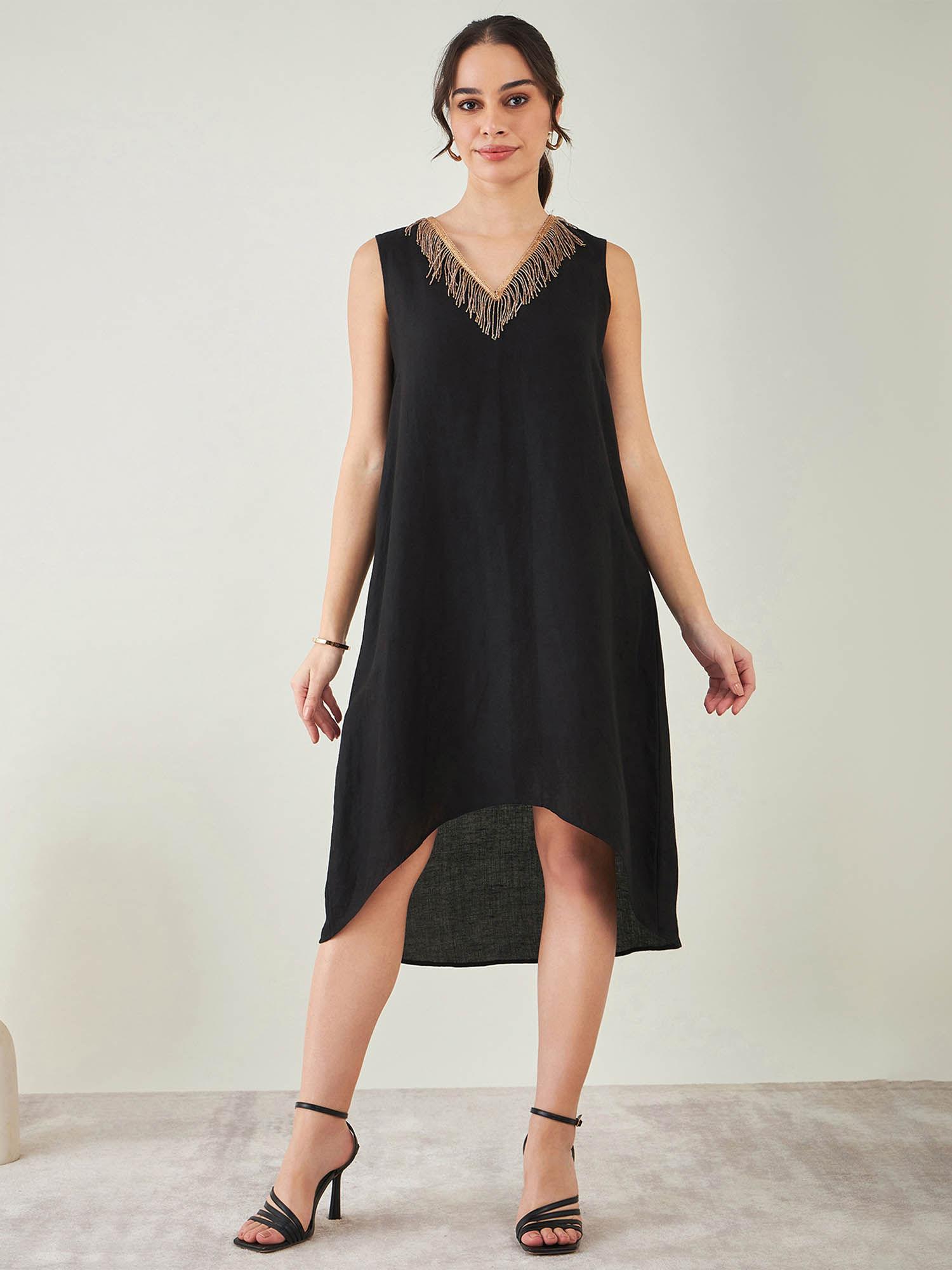 black a-line linen dress with cut dana lace detail